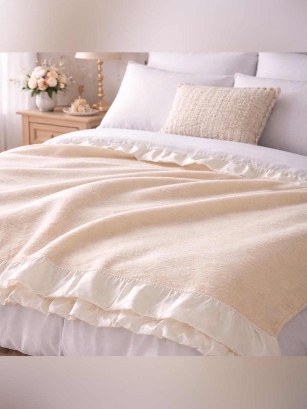 Vintage Wool Blanket Satin Trim Ivory Cream Throw 66x76 Cozy Retro Home